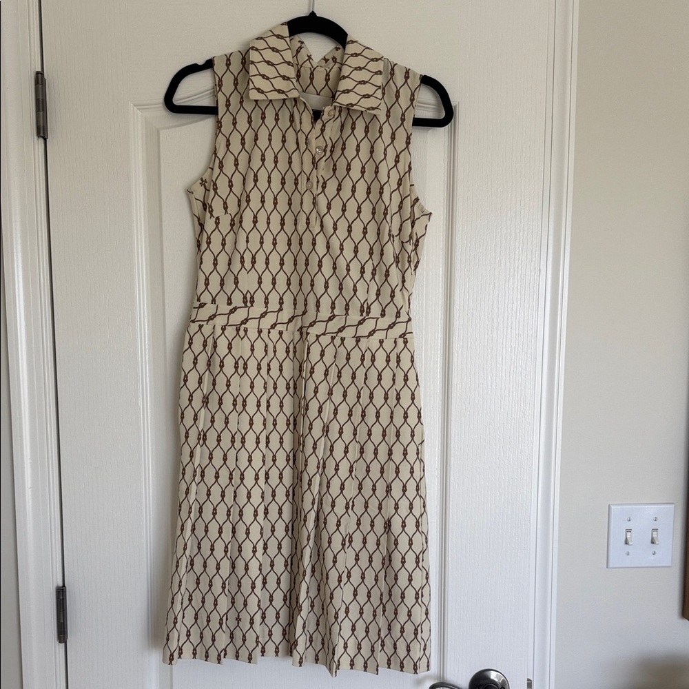 Tory Burch Cream and Brown Sleeveless Collared Golf Dress